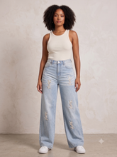 Women's Rhinestone Logo Light Wash Wide-Leg Jeans