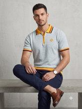 Men's Textured Zip-Neck Polo Shirt with Striped Trim