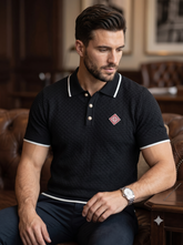 Men's Textured Black Knit Polo with Contrast Tipping
