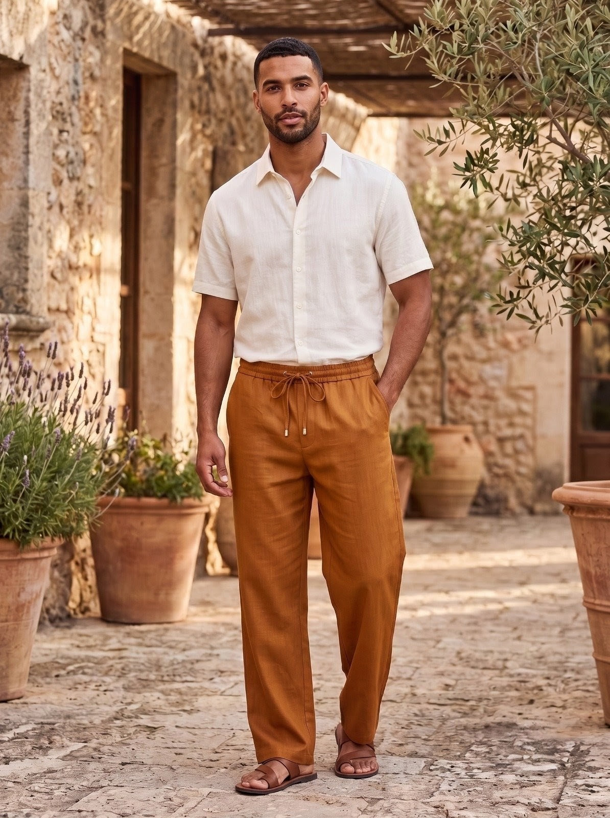 Rust Brown Linen-Style Drawstring Pants