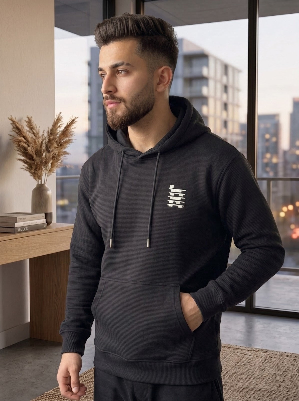 Black Textured Pullover Hoodie