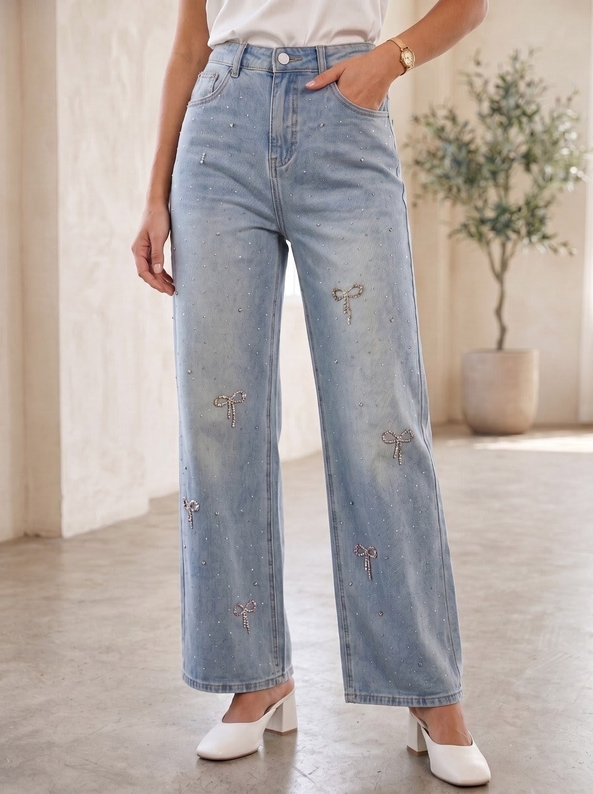 Light Blue Bow Embellished Wide-Leg Jeans