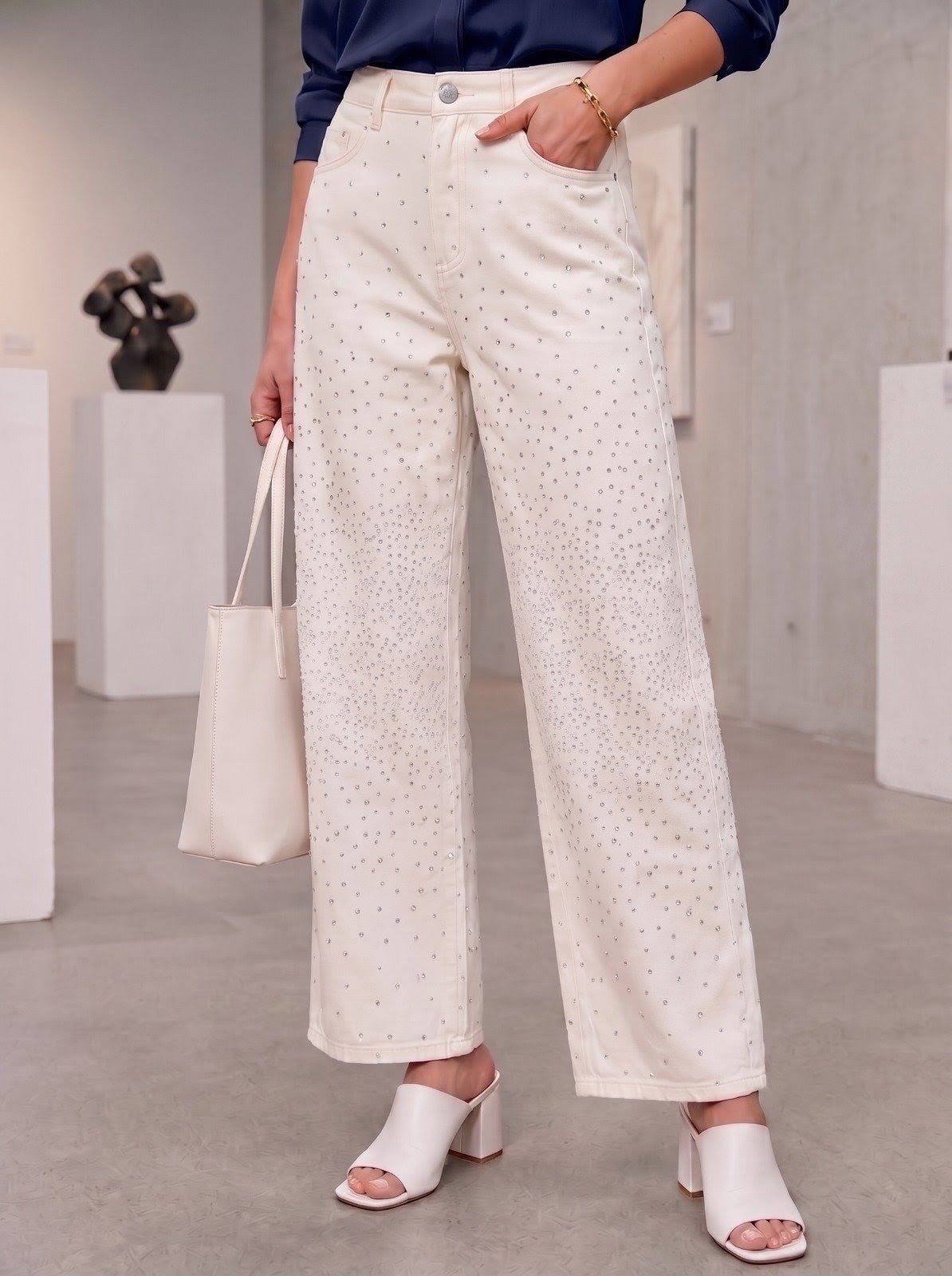 Ivory Embellished Wide-Leg Jeans