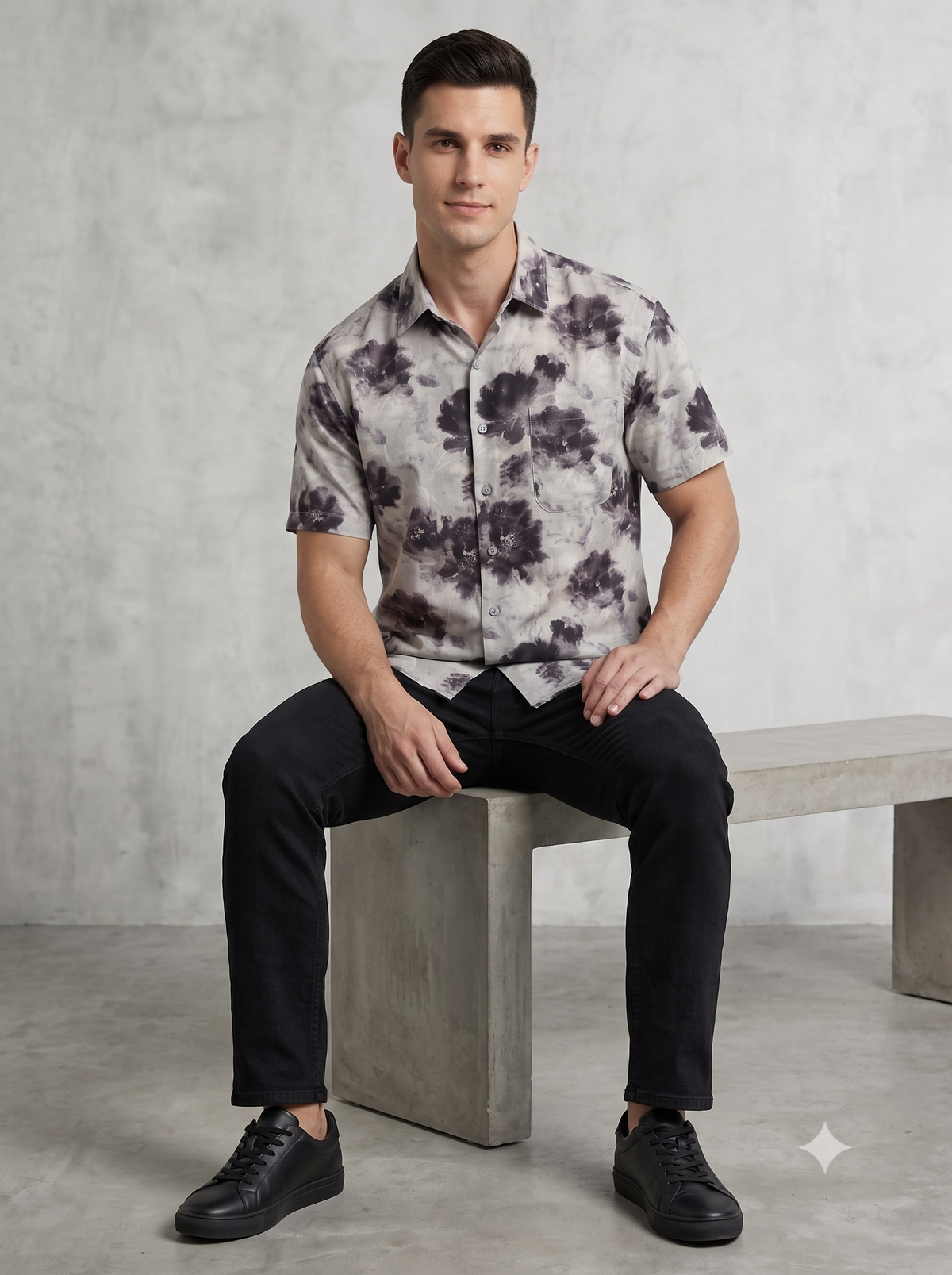 Men's Monochrome Blurred Floral Short Sleeve Shirt