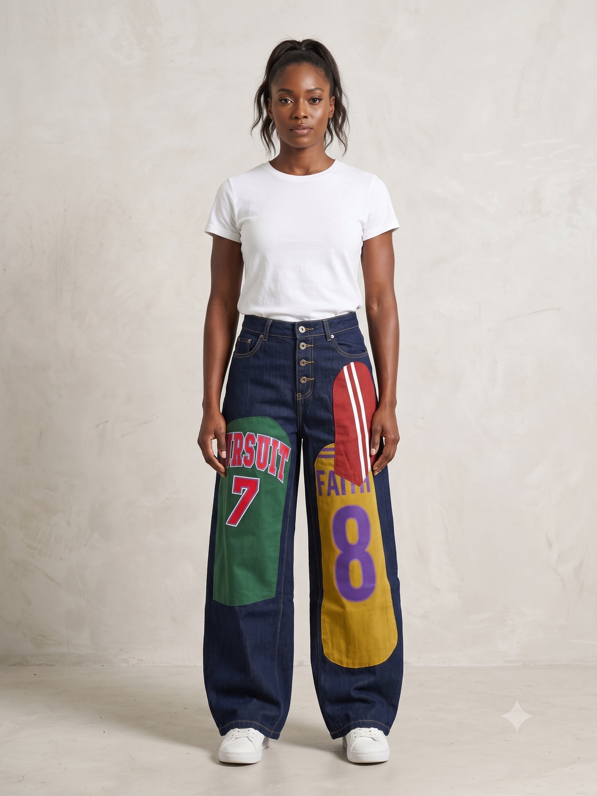 Women's Varsity Patchwork Wide-Leg Jeans