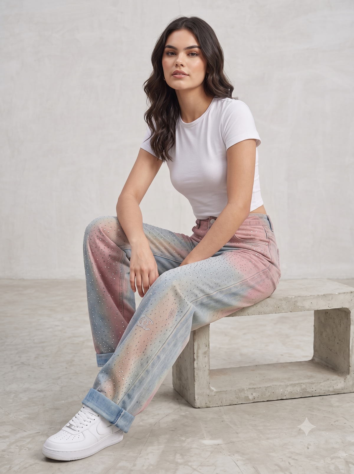 Women's Pastel Tie-Dye Rhinestone Wide-Leg Jeans