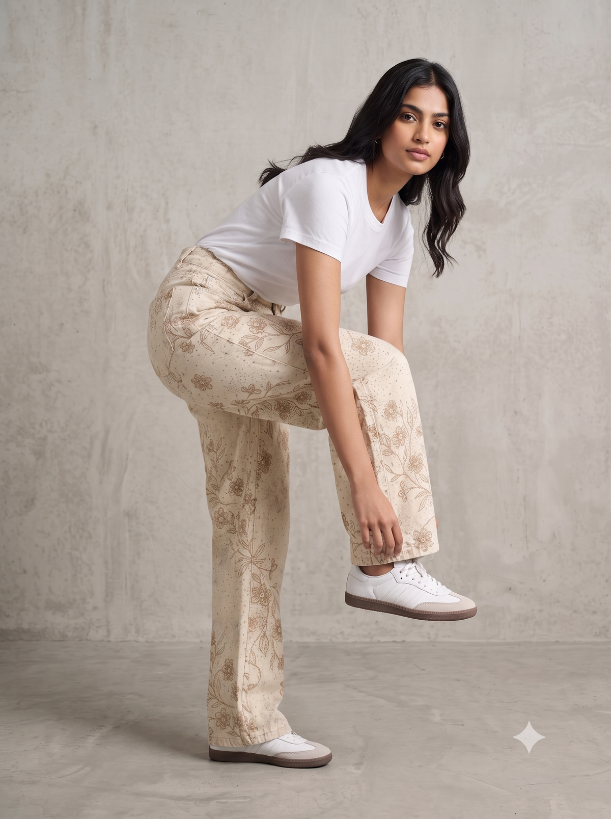 Women's Floral Patterned Wide-Leg Cream Jeans