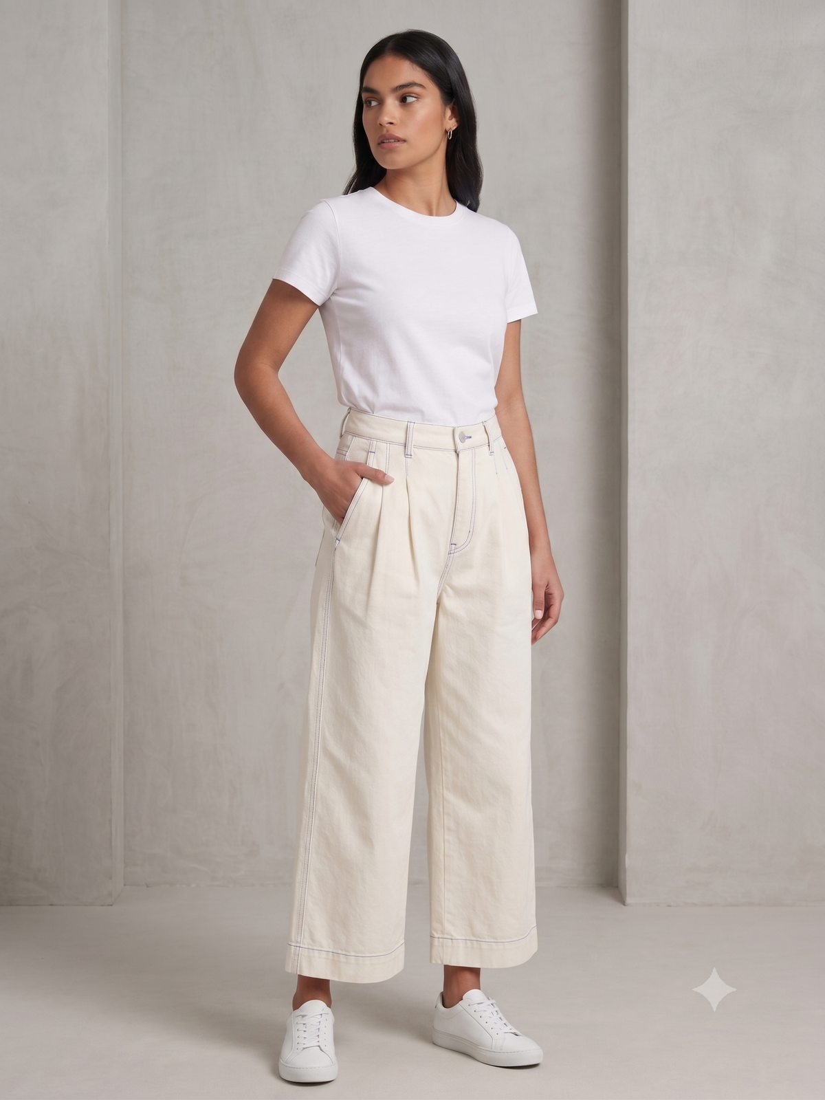 Women's Pleated Cropped Wide-Leg Cream Jeans