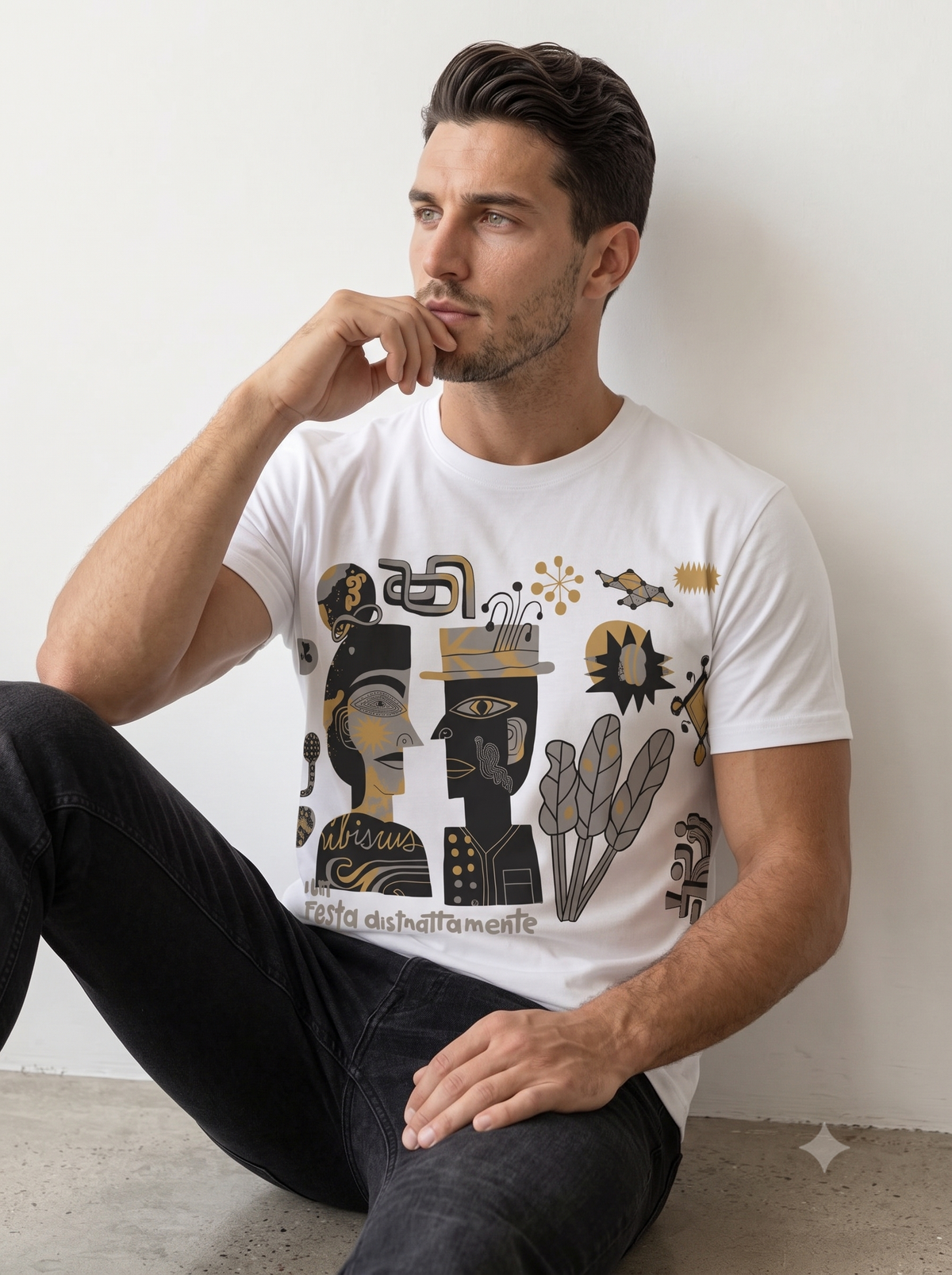 Men's Abstract Graphic Print White T-Shirt
