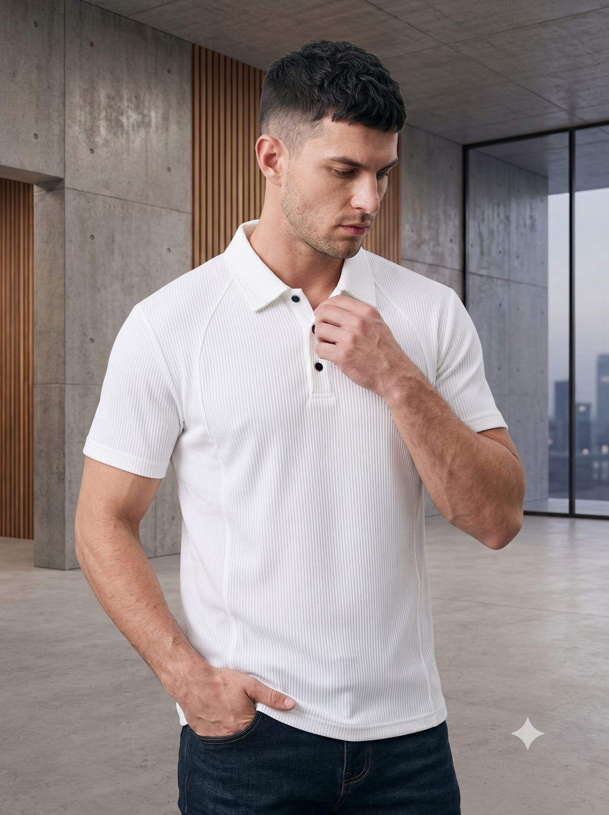 Men's White Ribbed Knit Polo Shirt