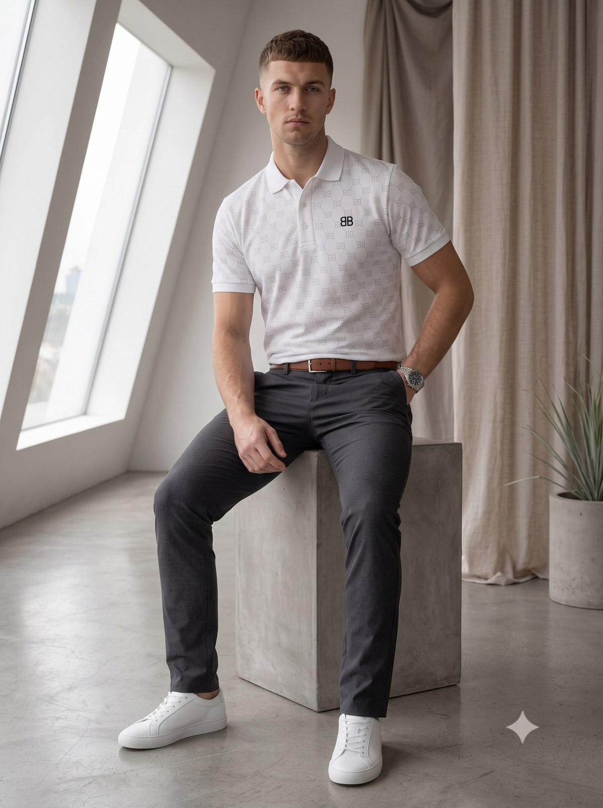 Men's White Monogram Print Polo Shirt
