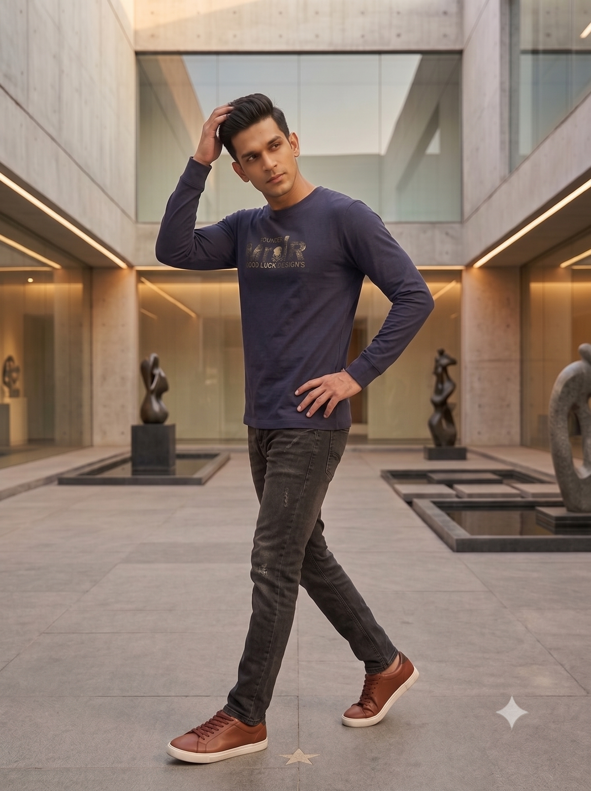 Men's Navy Blue Graphic Long-Sleeve T-Shirt
