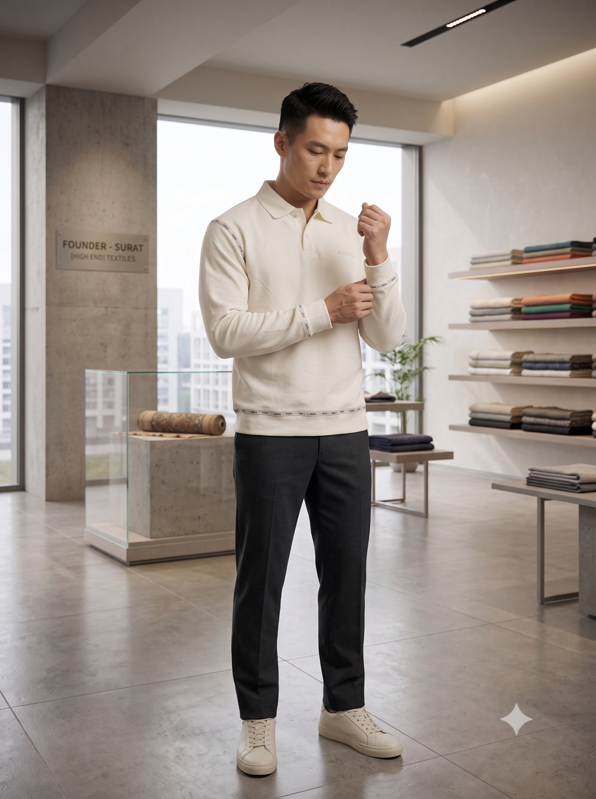 Men's Off-White Long-Sleeve Polo Sweatshirt