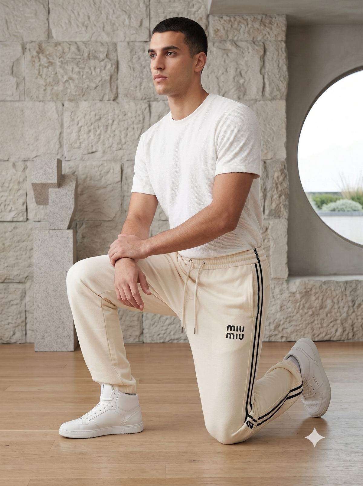 Men's Cream Striped Logo Track Pants