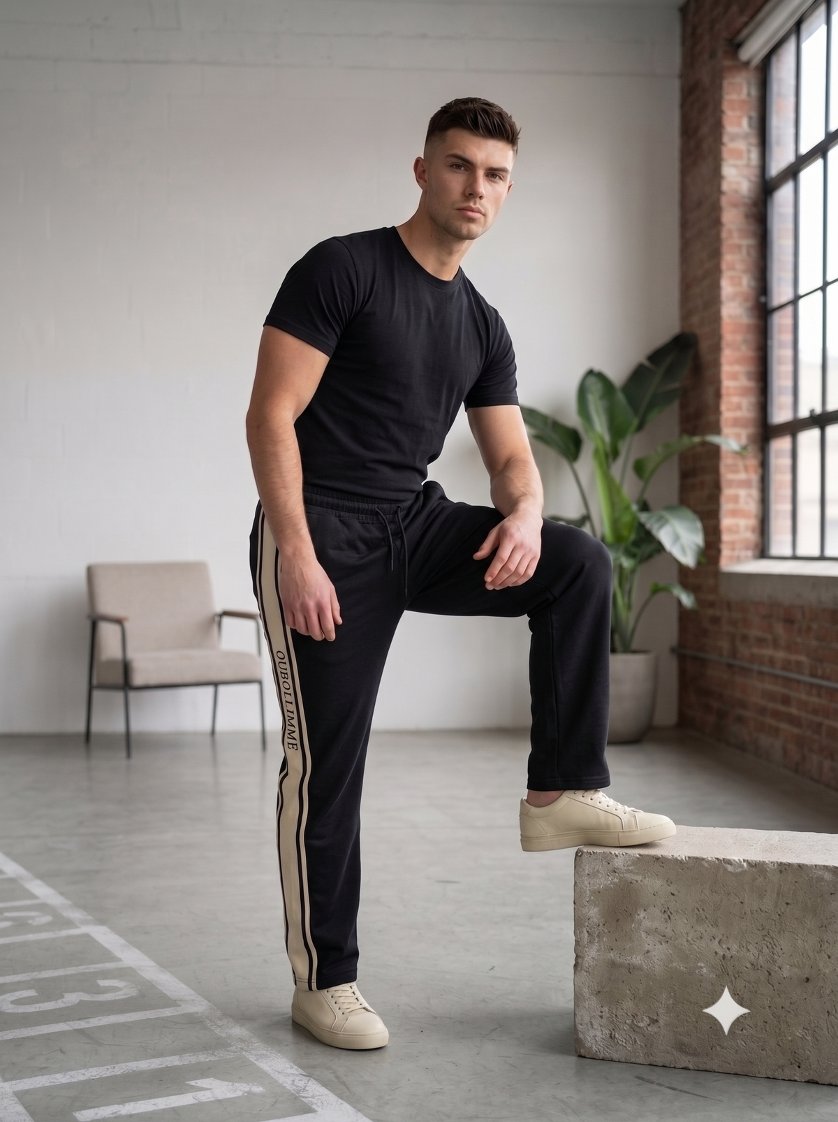 Men's Black Striped Typography Track Pants