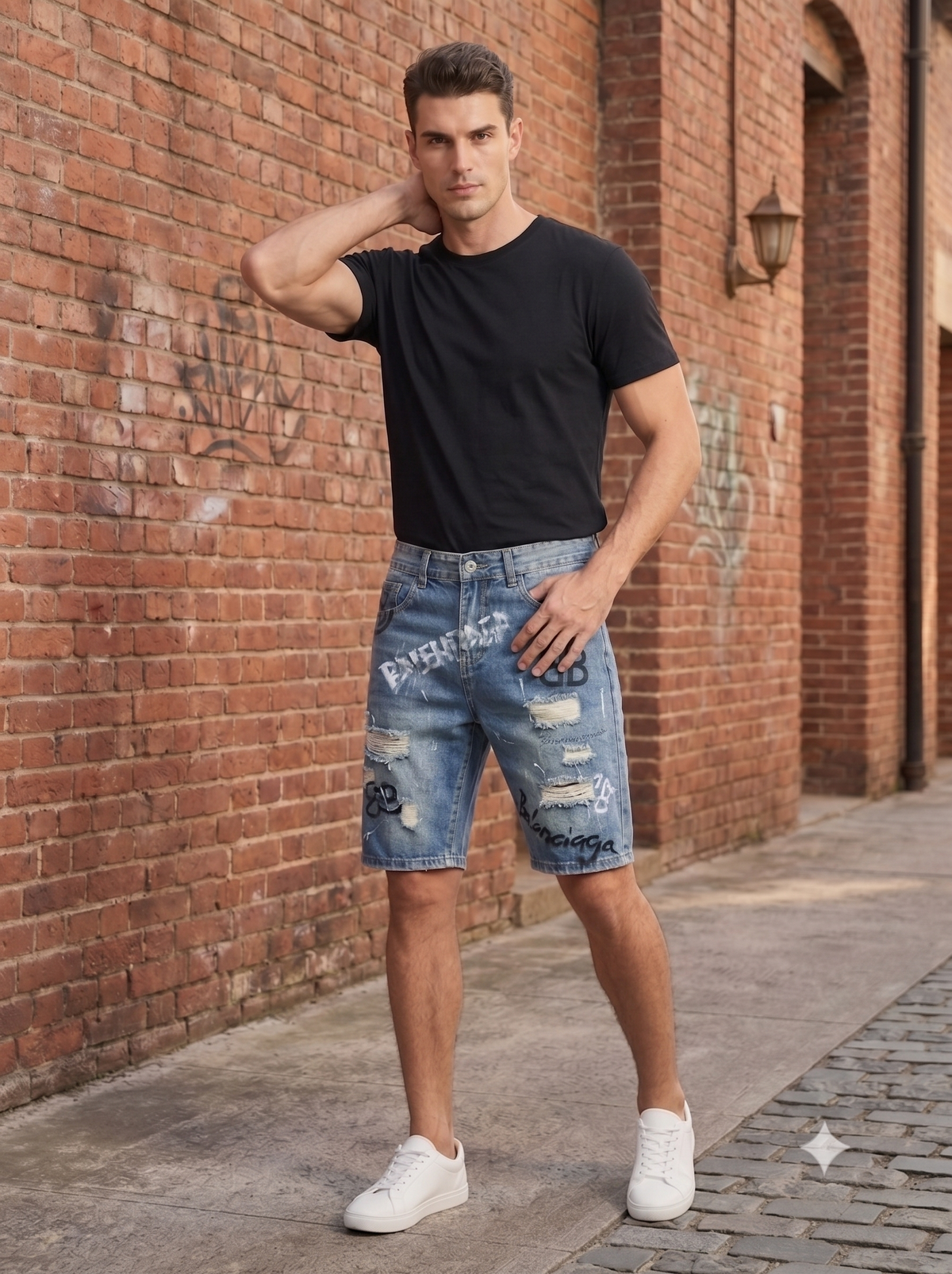 Men's Distressed Graffiti Denim Shorts