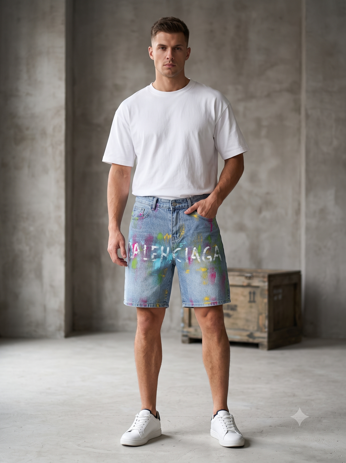 Men's Light-Wash Graffiti Paint Splatter Denim Shorts