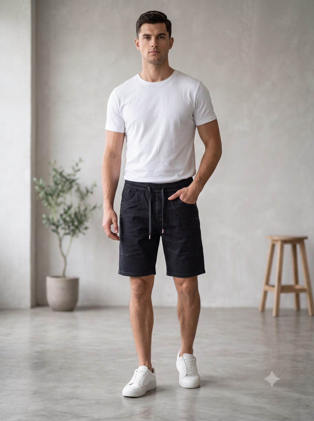 Men's Washed Black Drawstring Denim Shorts