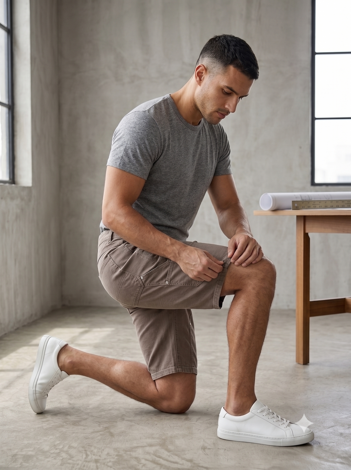 Men's Taupe Double-Knee Work Shorts