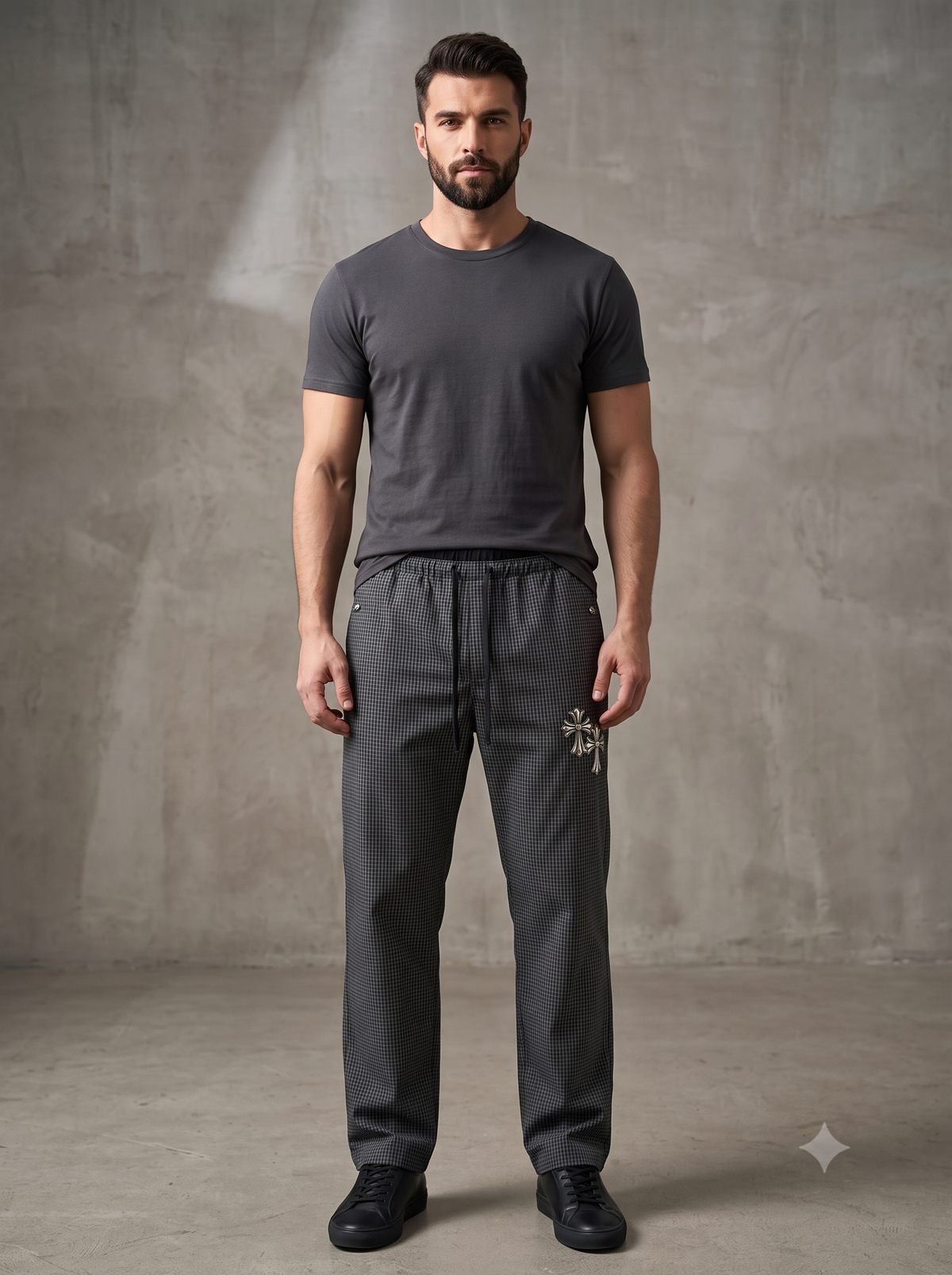 Men's Grey Check Cross-Embellished Pants