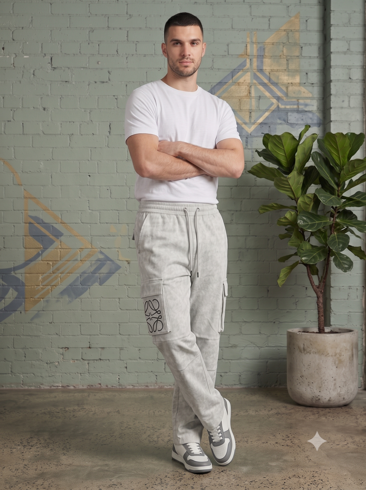 Men's Light Grey Marbled Logo Cargo Pants