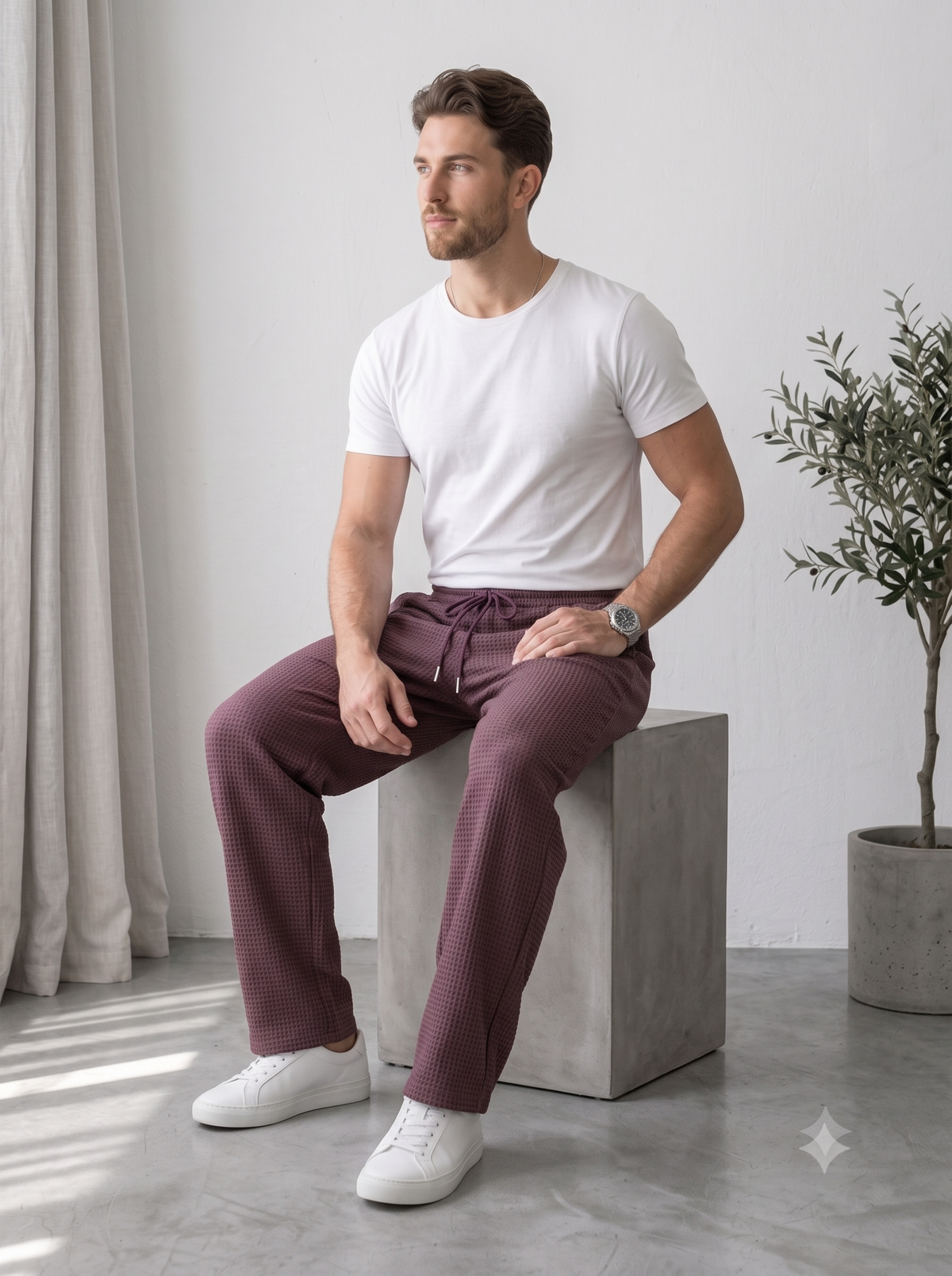 Men's Burgundy Waffle-Knit Drawstring Pants