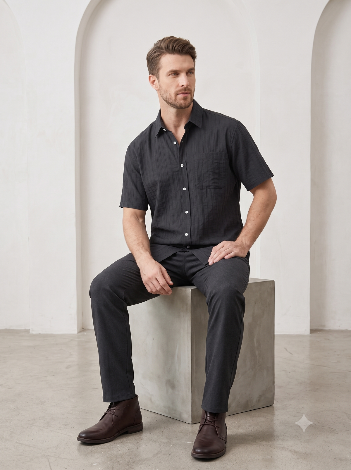 Title Men's Textured Vertical Stripe Short Sleeve Button-Down Shirt
