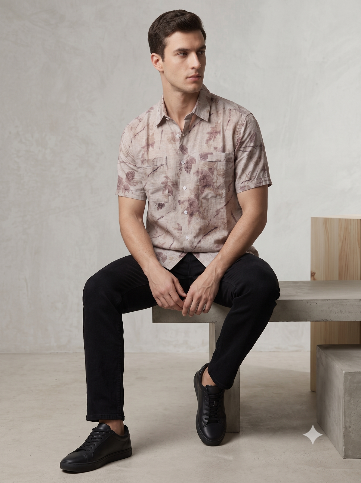 Men's Beige Botanical Print Short-Sleeve Shirt
